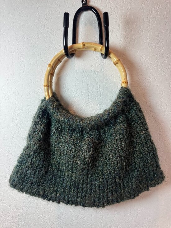 Handbags - Vintage Green Knit Wool Bag Round Bamboo Handles